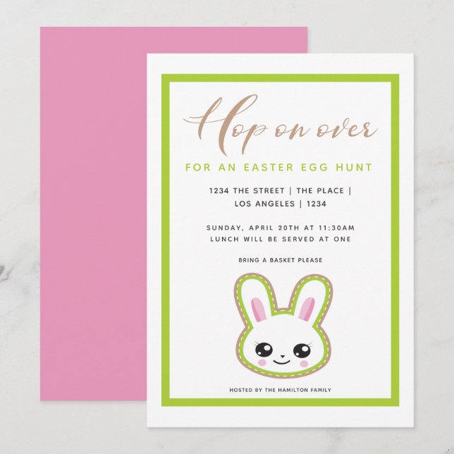Hop On Over Easter Egg Hunt Bunny Personalised Invitation (Front/Back)