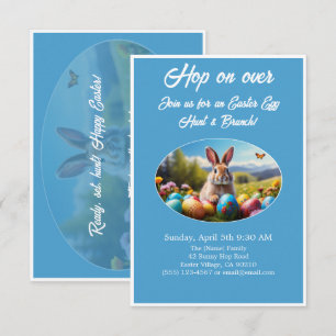 Hop on Over Egg Hunt Brunch Easter Rabbit blue - Invitation
