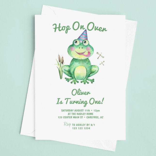Hop On Over Green Frog 1st Birthday Invitation (Creator Uploaded)