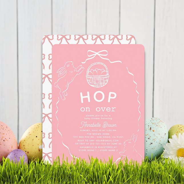 Hop on Over Pink Bow Girl Bunny Baby Shower Invitation (Creator Uploaded)