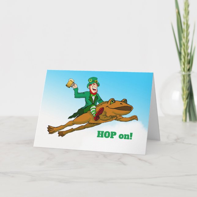 Hop on St. Patrick's Day Leprechaun Frog and Beer Card (Front)
