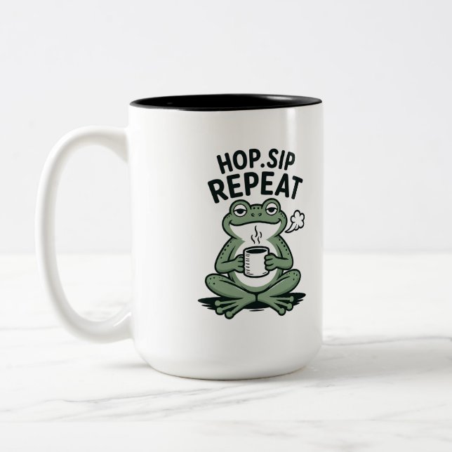 Hop Sip Repeat Funny Frog Coffee Design Two-Tone Coffee Mug (Left)