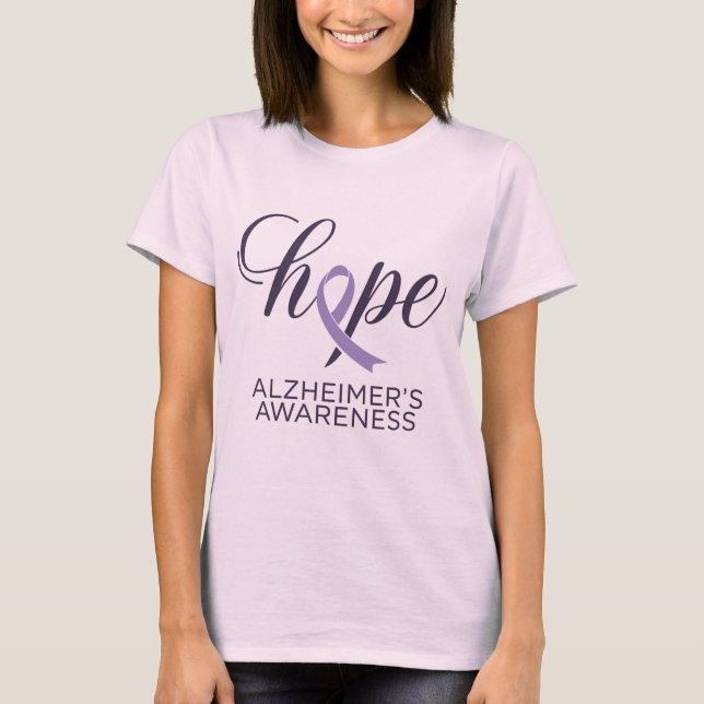 "Hope" Alzheimer's Awareness Purple Ribbon Script T-Shirt (Front)