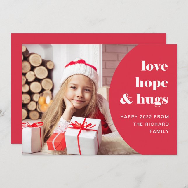 Hope and Hugs | Curved Frame Photo Red Holiday Card (Front/Back)