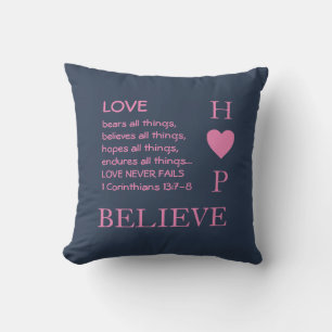 HOPE BELIEVE LOVE Never Fails Christian Cushion