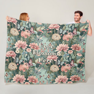 Hope Blossoms Here - Stylish Pastel Garden Floral Fleece Blanket