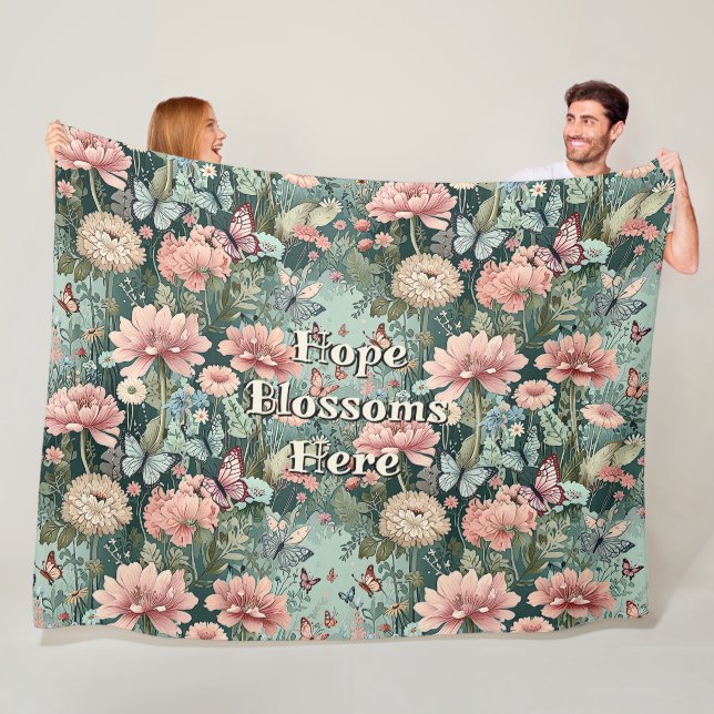Hope Blossoms Here - Stylish Pastel Garden Floral Fleece Blanket (In Situ)