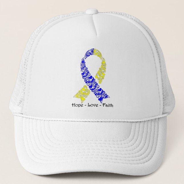 Hope Blue and Yellow Awareness Ribbon Trucker Hat (Front)