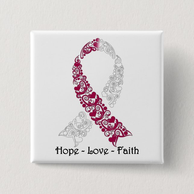 Hope Burgundy and White Awareness Ribbon 15 Cm Square Badge (Front)
