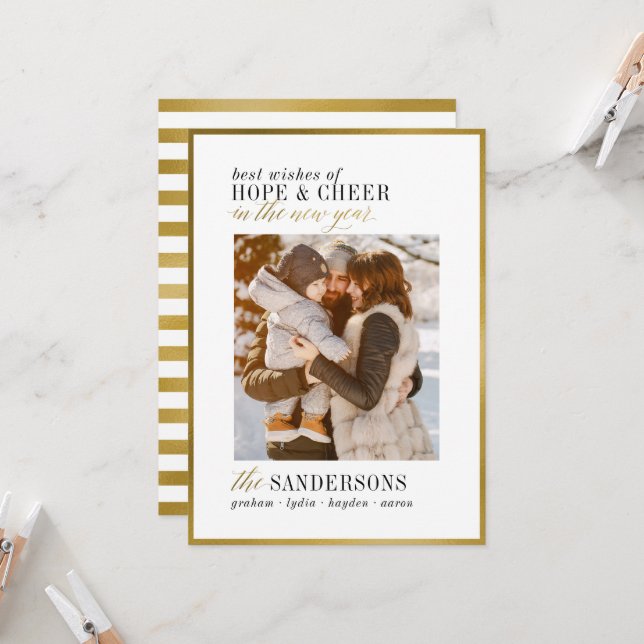 Hope & Cheer | New Years Elegant Modern Gold Frame Invitation (Front/Back In Situ)