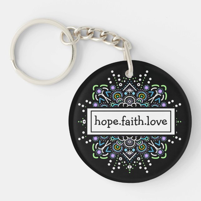 Hope. Faith. Love Purple and Black Mandala Key Ring (Front)