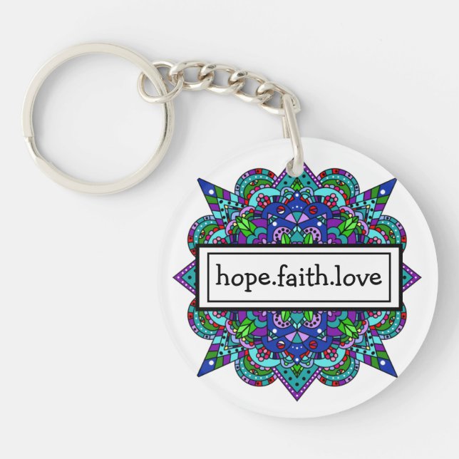 Hope. Faith. Love Purple and Blue Mandala  Keychai Key Ring (Front)
