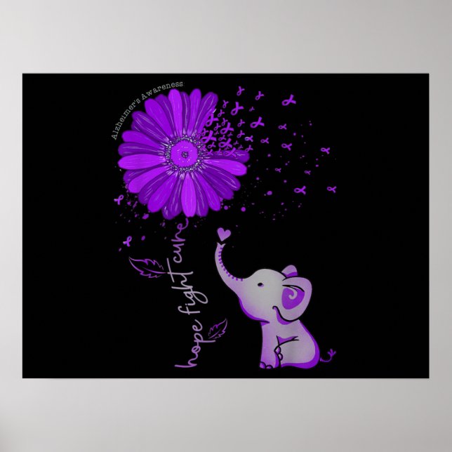 Hope Fight Cute Elephant Alzheimer's Purple Ribbon Poster (Front)