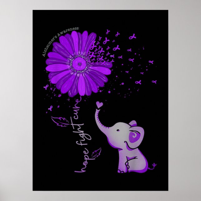 Hope Fight Cute Elephant Alzheimer's Purple Ribbon Poster (Front)