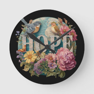 Hope Floral Typography with Birds and Botanical Round Clock