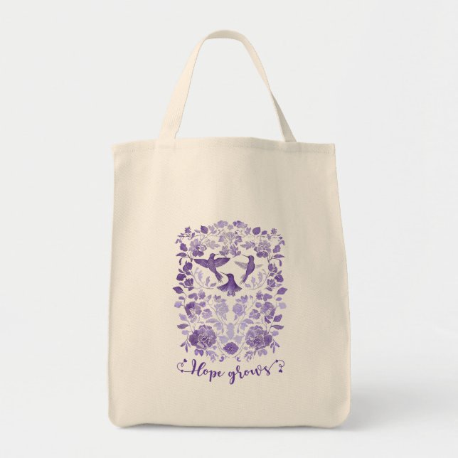 Hope Grows – Lavender Linocut Bird Inspirational Tote Bag (Front)