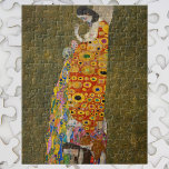 Hope II by Gustav Klimt, Vintage Art Nouveau Jigsaw Puzzle<br><div class="desc">Hope II (1907/08) by Gustav Klimt is a vintage Victorian Era Symbolism fine art painting featuring a pregnant lady looking down over her large belly toward a human skull. There are three women near her feet woven into the intricate pattern of her robe. The woman has exposed breasts and is...</div>