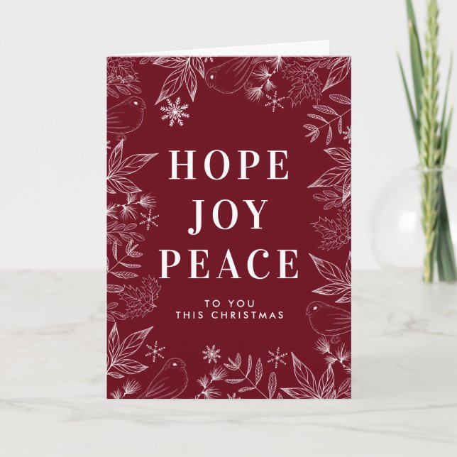 Hope Joy Peace Doves & Leaves Red Religious Holiday Card (Front)