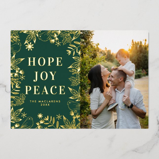 Hope Joy Peace Green and Gold Religious Photo Foil Holiday Card (Front)