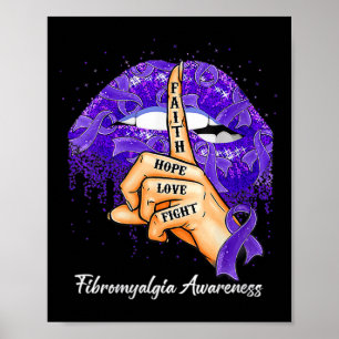 Hope Love Fight Purple Ribbon Fibromyalgia Awarene Poster