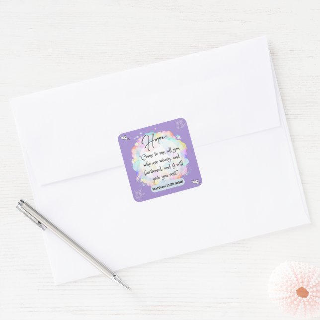 Hope Message - Matthew 11-28 - Square Stickers (Envelope)