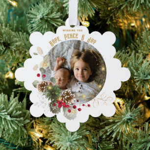 Hope, Peace, Joy Gold Red Holly Photo Keepsake Tree Decoration Card