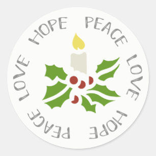 Hope, Peace, Love Minimalist Holly and Candle Classic Round Sticker