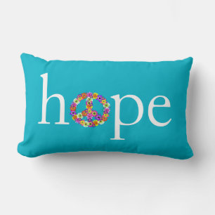 Hope & Peace Sign Floral on Turquoise Lumbar Cushion