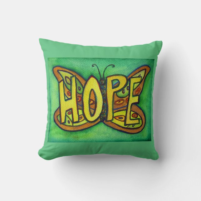 Hope Word Art Green Butterfly Accent Throw Pillow (Front)