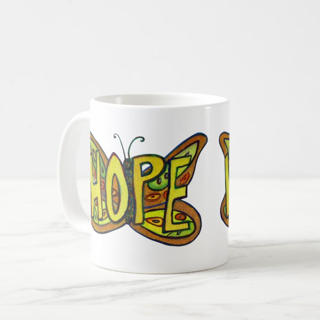 Hope Word Art Green Butterfly Wings Coffee Cup (Front Left)