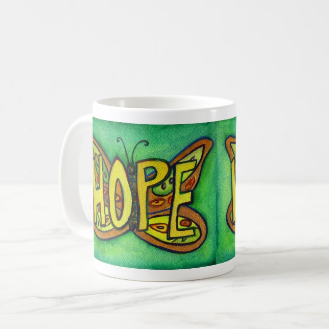 Hope Word Art Green Butterfly Wings Coffee Mug (Front Left)