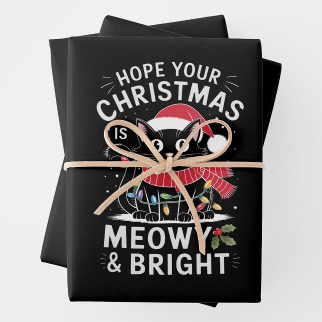 Hope Your Christmas Is Meowy and Bright Cat Xmas Wrapping Paper Sheet (In situ)
