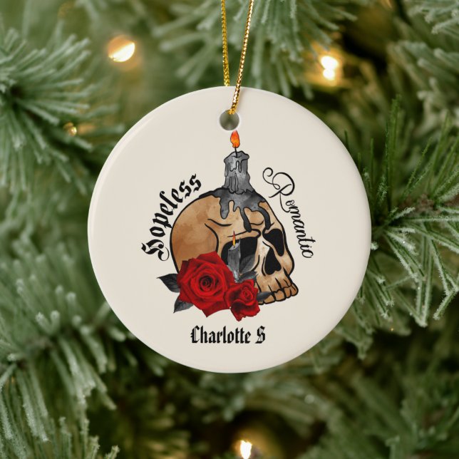 Hopeless Romantic – Gothic Skull, Red Rose Ceramic Ornament (Tree)