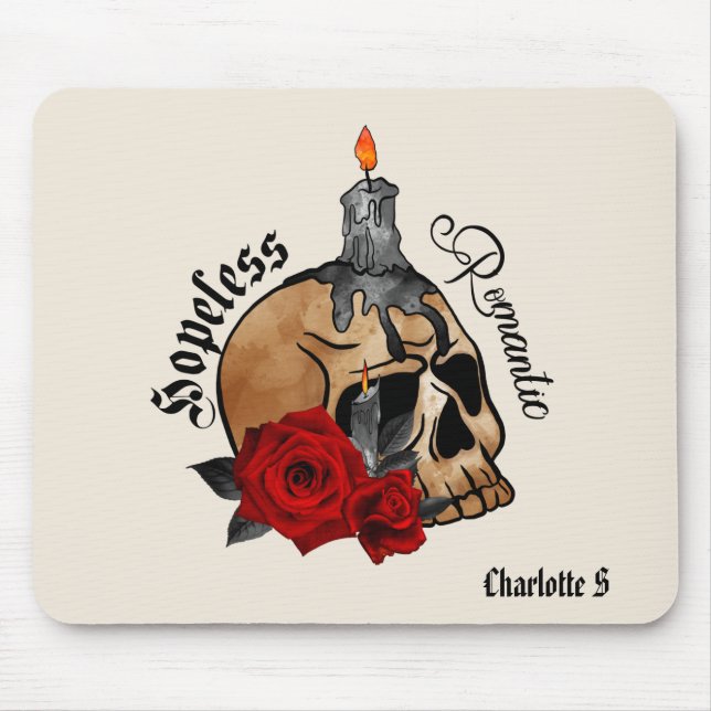 Hopeless Romantic – Gothic Skull, Red Rose Mouse Pad (Front)