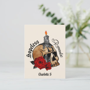 Hopeless Romantic – Gothic Skull, Red Rose Postcard