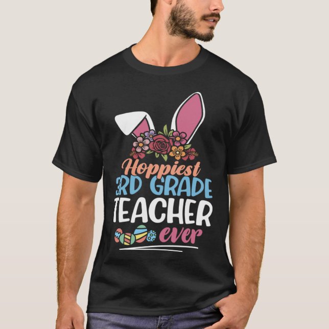 Hoppiest 3rd Grade Teacher Ever Bunny Ear Red Plai T-Shirt (Front)