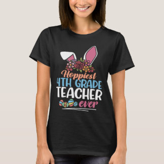 Hoppiest 4th Grade Teacher Ever Bunny Ear Red Plai T-Shirt