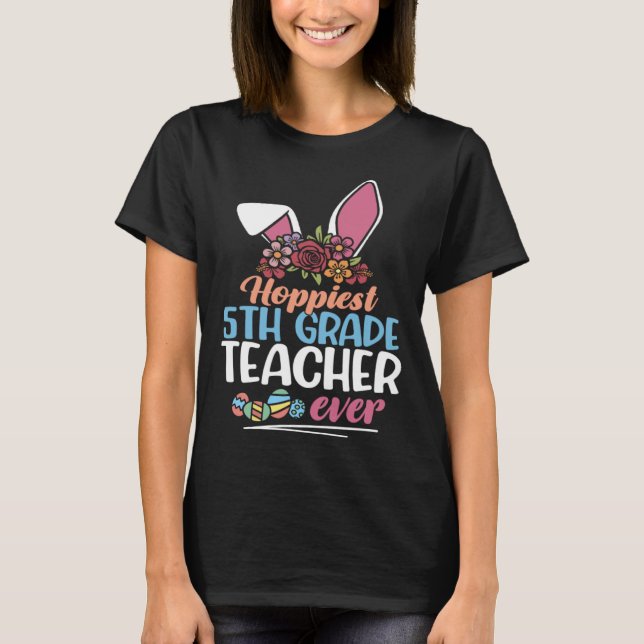 Hoppiest 5th Grade Teacher Ever Bunny Ear Red Plai T-Shirt (Front)