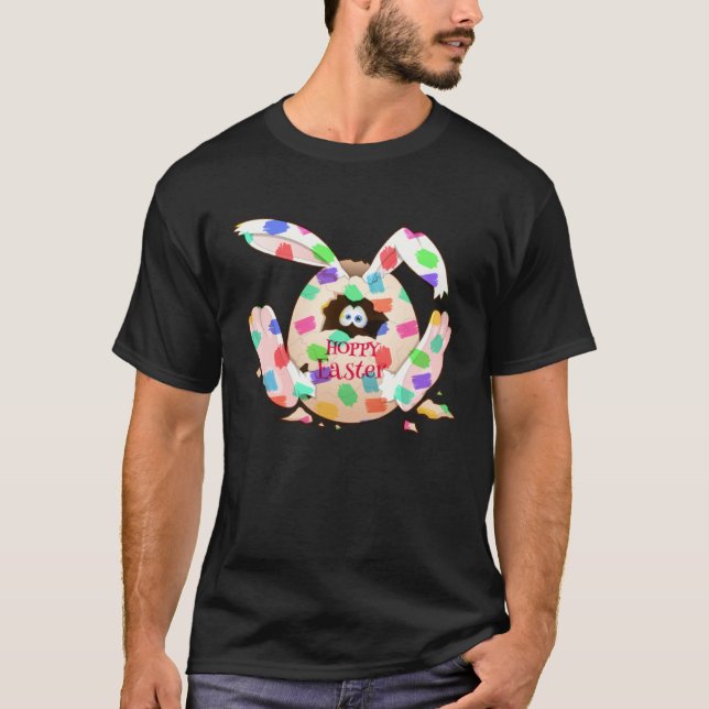 Hoppy Bunny Peepin out of Cracked Dyed Easter Egg T-Shirt (Front)