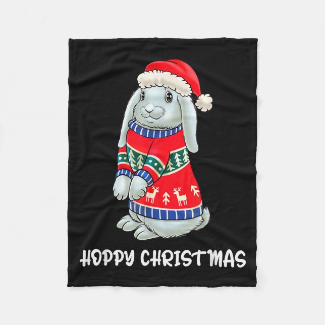 Hoppy Christmas Bunny Christmas Sweater Rabbit  Fleece Blanket (Front)