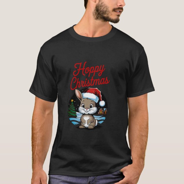 Hoppy Christmas Funny Cute Rabbit wearing a Santa  T-Shirt (Front)