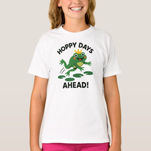 Hoppy Days Ahead Fun Green Frog Graphic T-Shirt (Front)