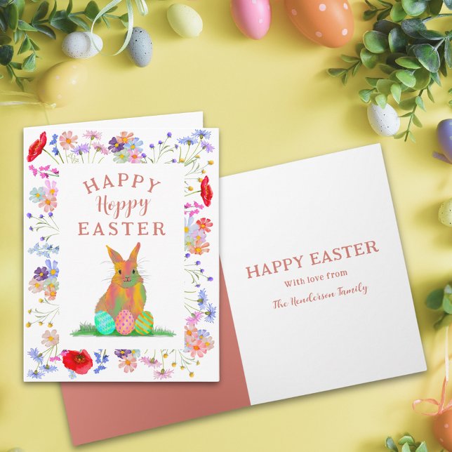 Hoppy Easter Bunny and Eggs Floral Card (Personalized happy hoppy Easter cute bunny watercolor colorful spring floral folded greetings card)