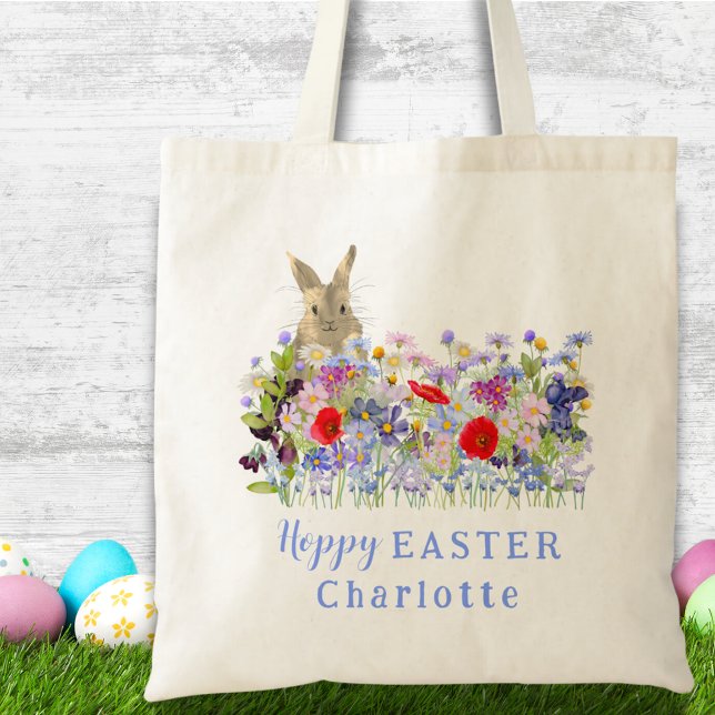 Hoppy Easter Bunny Egg Hunt Custom Tote Bag (Easter brunch and egg hunt custom tote bag with cute Easter bunny and watercolor florals)