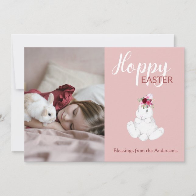 Hoppy Easter Bunny Floral Photo Holiday Card (Front)