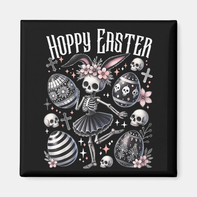 Hoppy Easter Bunny Skeleton Dancing Spooky Easter Magnet (Front)
