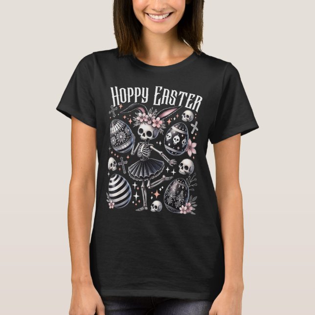 Hoppy Easter Bunny Skeleton Dancing Spooky Easter T-Shirt (Front)