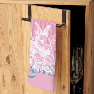Hoppy Easter Bunny Stamp Pink Tea Towel