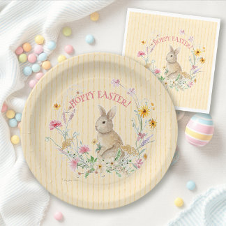 Hoppy Easter Bunny Wildflower Floral Watercolor Paper Plate