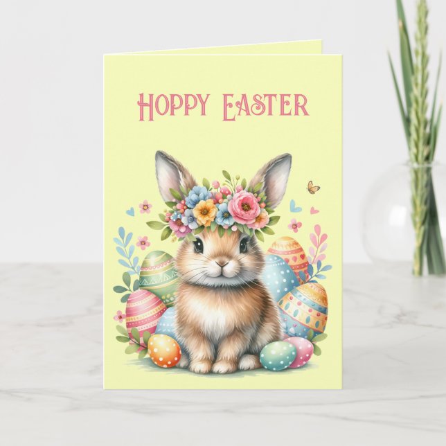 Hoppy Easter Bunny with Easter Eggs, Flowers Card (Front)